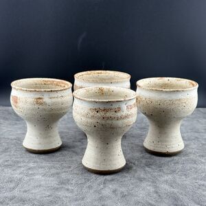 Set of 4 Speckled Cream 3" H Stoneware Goblets Artist Signed Pottery Vintage